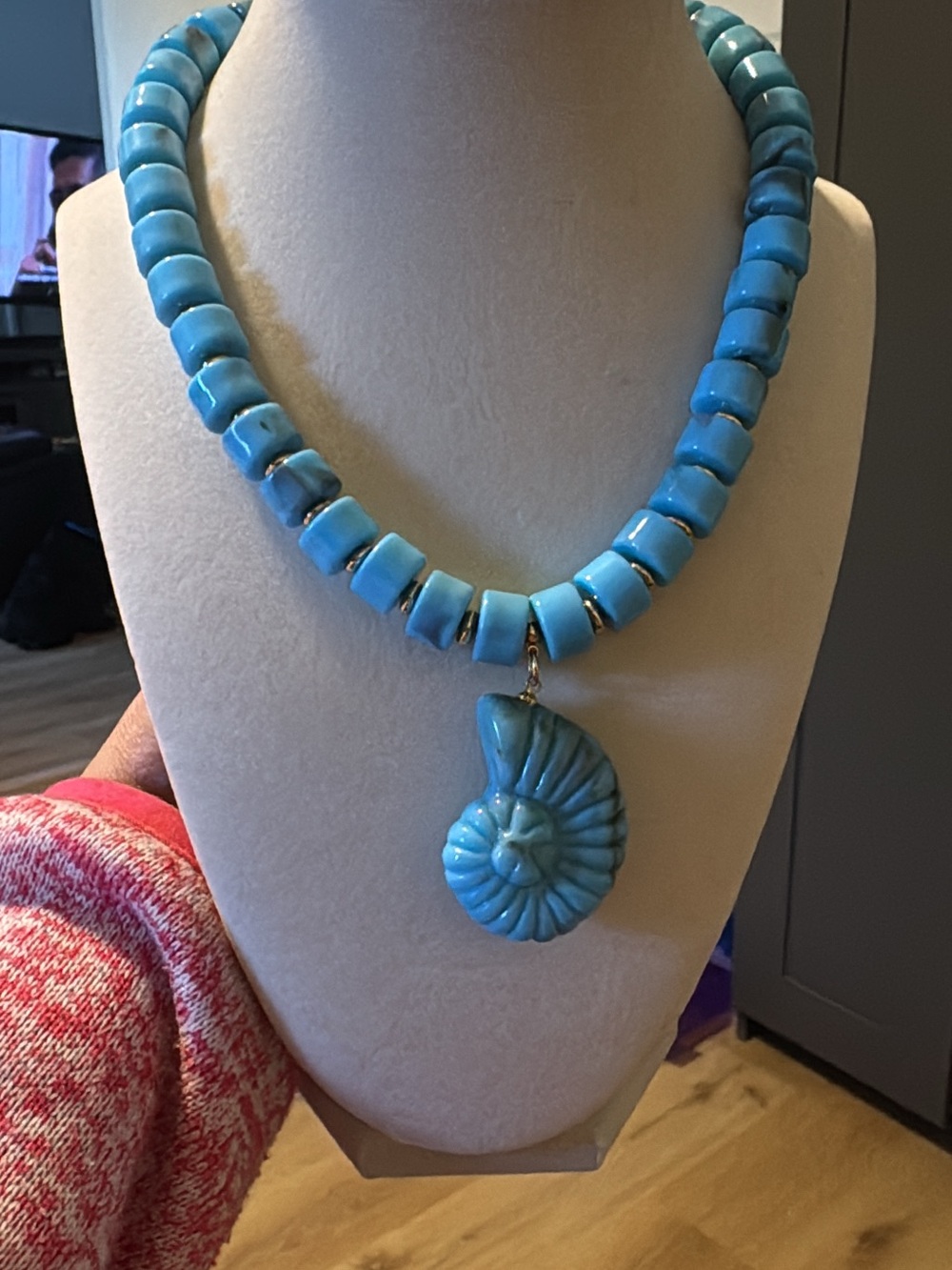 Turquoise Blue Beaded Nautilus Pendant Necklace